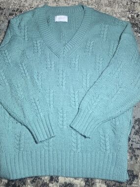 Lucky Brand Women's Teal Blue Cable Knit V-Neck Sweater Size L Chunky Soft Boho